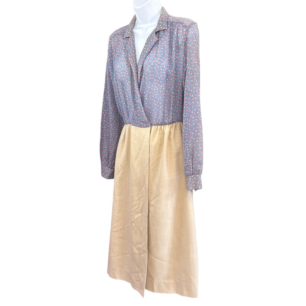 Vintage Sunshine Alley Midi Dress Cottagecore Prairie Floral Two-Tone Blue Tan